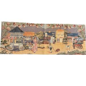 Vintage Woven Village Table Runner 36” Storybook Scene Cottagecore